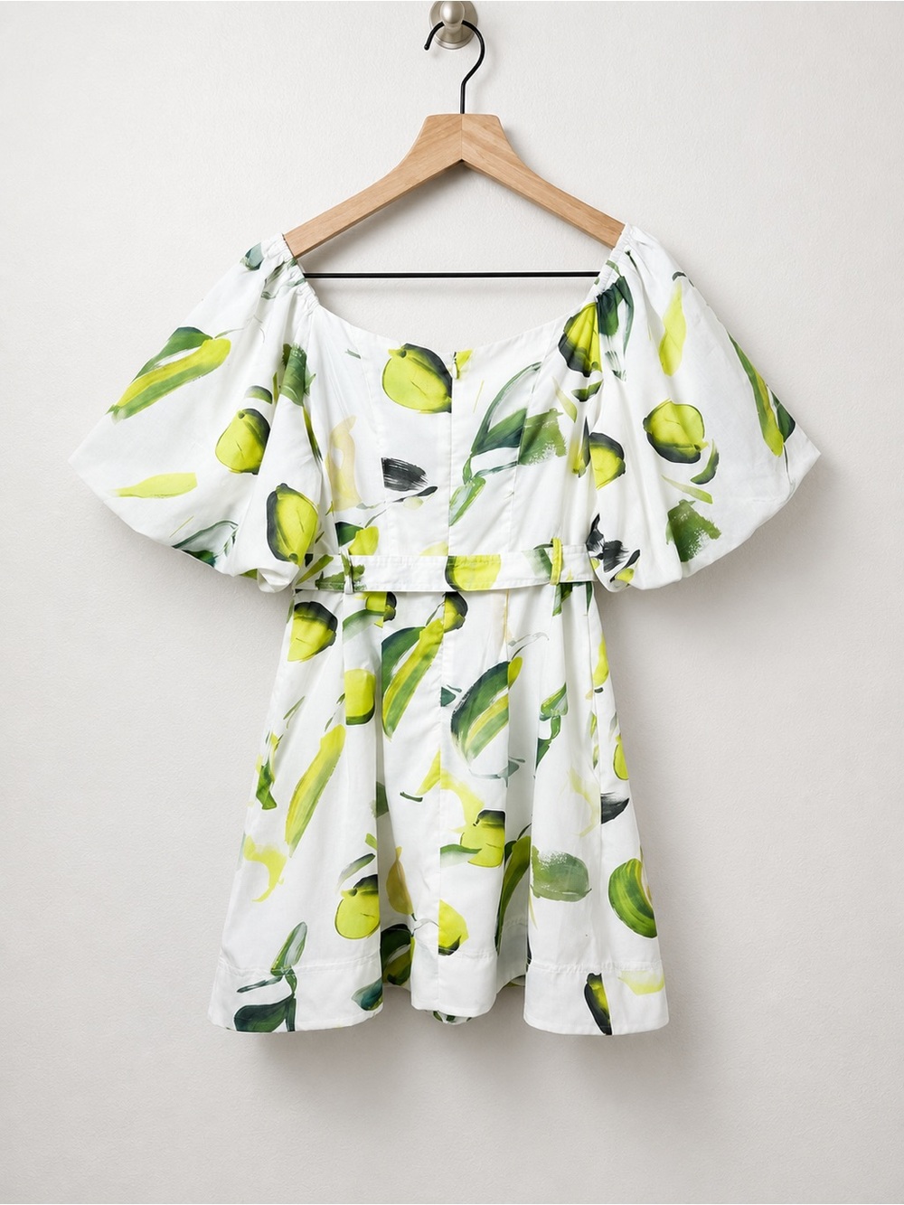 Beulah Style Alyssa Zest White Puff Sleeve Mini Dress Green & Yellow Leaf Cotton - Picture 8 of 15